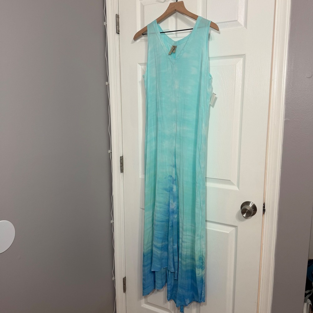 NEW XCVI Blue Tie Dye Ombre Rayon  Maxi Dress V-Neck Handkerchief Hem  Small